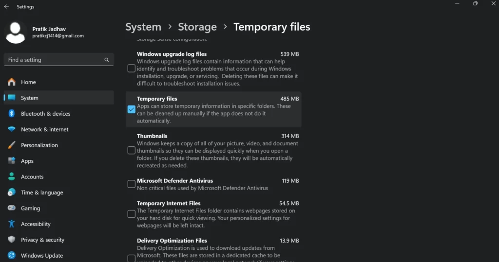 Screenshot of the temporary files cleanup